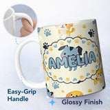 Personalized Custom Name Cute Cartoon Puppies and Paw Prints Kawaii Style Seamless Pattern 11oz Ceramic Coffee Tea Mug White Large Handle