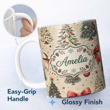 Personalized Custom Name Vintage Christmas Trees with Red Bows Ornaments and Snowflakes 11oz Ceramic Coffee Tea Mug White Large Handle