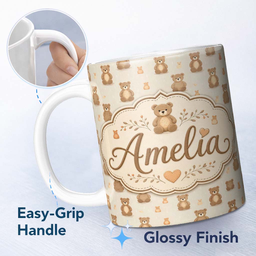 Personalized Custom Name Cute Teddy Bear Minimal Nursery Seamless Pattern Cute Unique Gift 11oz Ceramic Coffee Tea Mug White Large Handle