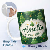Personalized Custom Name Cute Green Christmas Trees Golden Ornaments Seamless Pattern Lovely 11oz Ceramic Coffee Tea Mug White Large Handle