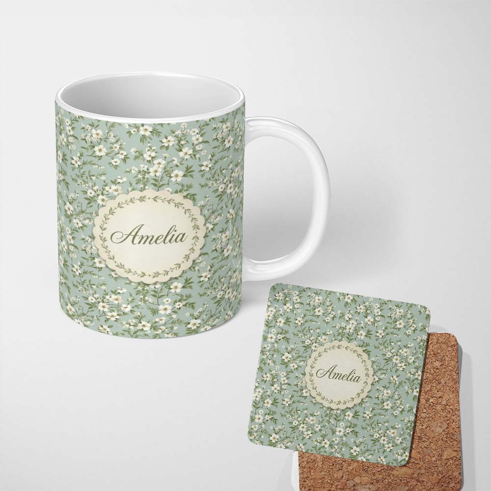 Personalized Custom Name Elegant White Floral Branches on Soft Blue Seamless Pattern Lovely 11oz Ceramic Coffee Tea Mug White Large Handle