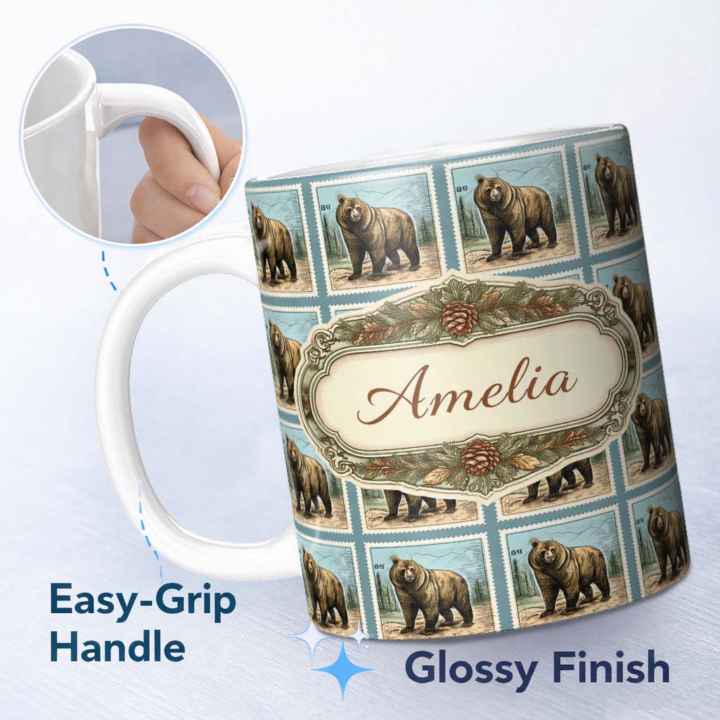 Personalized Custom Name Bear Mountain Circle Seamless Pattern Classic Nature Wildlife Design 11oz Ceramic Coffee Tea Mug White Large Handle