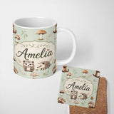 Personalized Custom Name Cute Woodland Hedgehog Mushrooms Leaves Seamless Pattern Dusty Pink 11oz Ceramic Coffee Tea Mug White Large Handle
