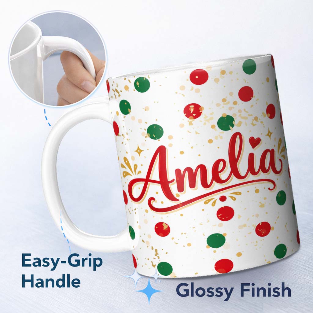 Personalized Custom Name Red Green Polka Dot Gold Splash Seamless Pattern Cute Unique Gift 11oz Ceramic Coffee Tea Mug White Large Handle