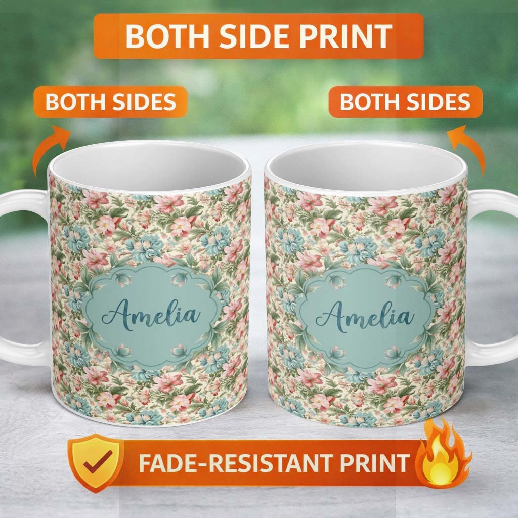 Personalized Custom Name Elegant Vintage Floral Bouquet Garden Seamless Pattern Design Lovely 11oz Ceramic Coffee Tea Mug White Large Handle