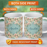 Personalized Custom Name Elegant Vintage Floral Bouquet Garden Seamless Pattern Design Lovely 11oz Ceramic Coffee Tea Mug White Large Handle