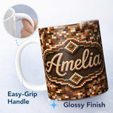 Personalized Custom Name Earth Tone Pixel Mosaic Abstract Seamless Pattern Cute Unique Gift 11oz Ceramic Coffee Tea Mug White Large Handle