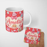 Personalized Custom Name Cute Christmas Gingerbread Candy Gift House Seamless Pattern Red 11oz Ceramic Coffee Tea Mug White Large Handle