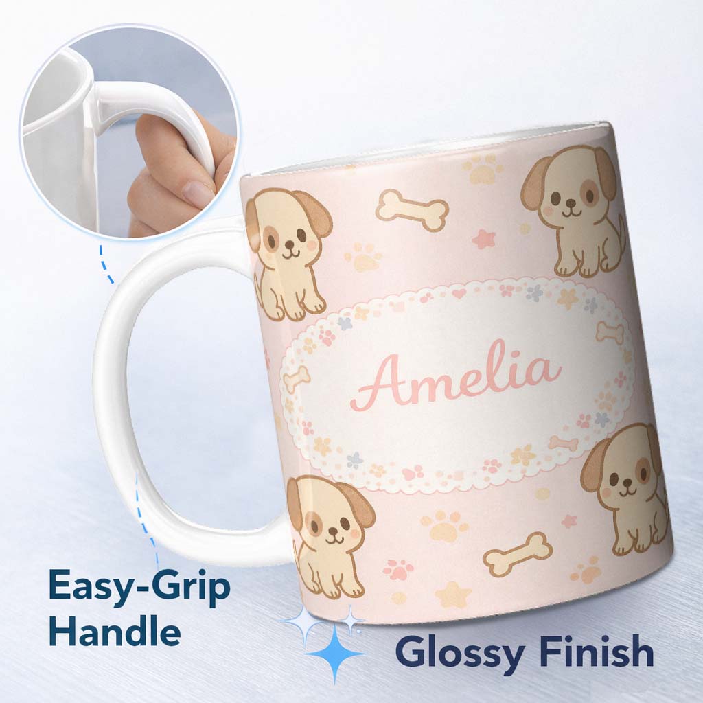Personalized Custom Name Cute Puppy Dog Cartoon Animal Pattern Thoughtful Gift Idea Lovely 11oz Ceramic Coffee Tea Mug White Large Handle