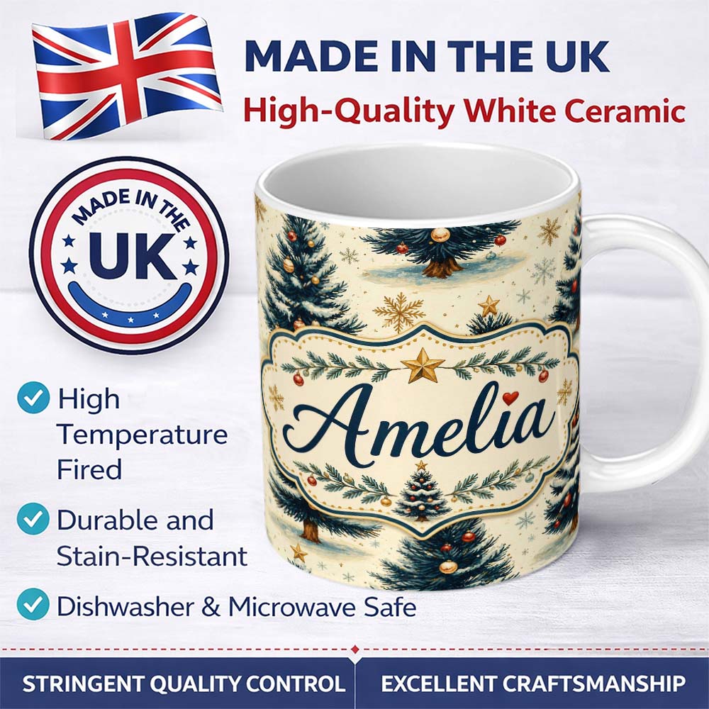 Personalized Custom Name Watercolor Snowy Christmas Trees with Gold Snowflakes Seamless 11oz Ceramic Coffee Tea Mug White Large Handle