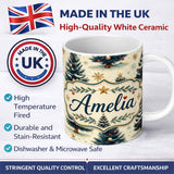 Personalized Custom Name Watercolor Snowy Christmas Trees with Gold Snowflakes Seamless 11oz Ceramic Coffee Tea Mug White Large Handle