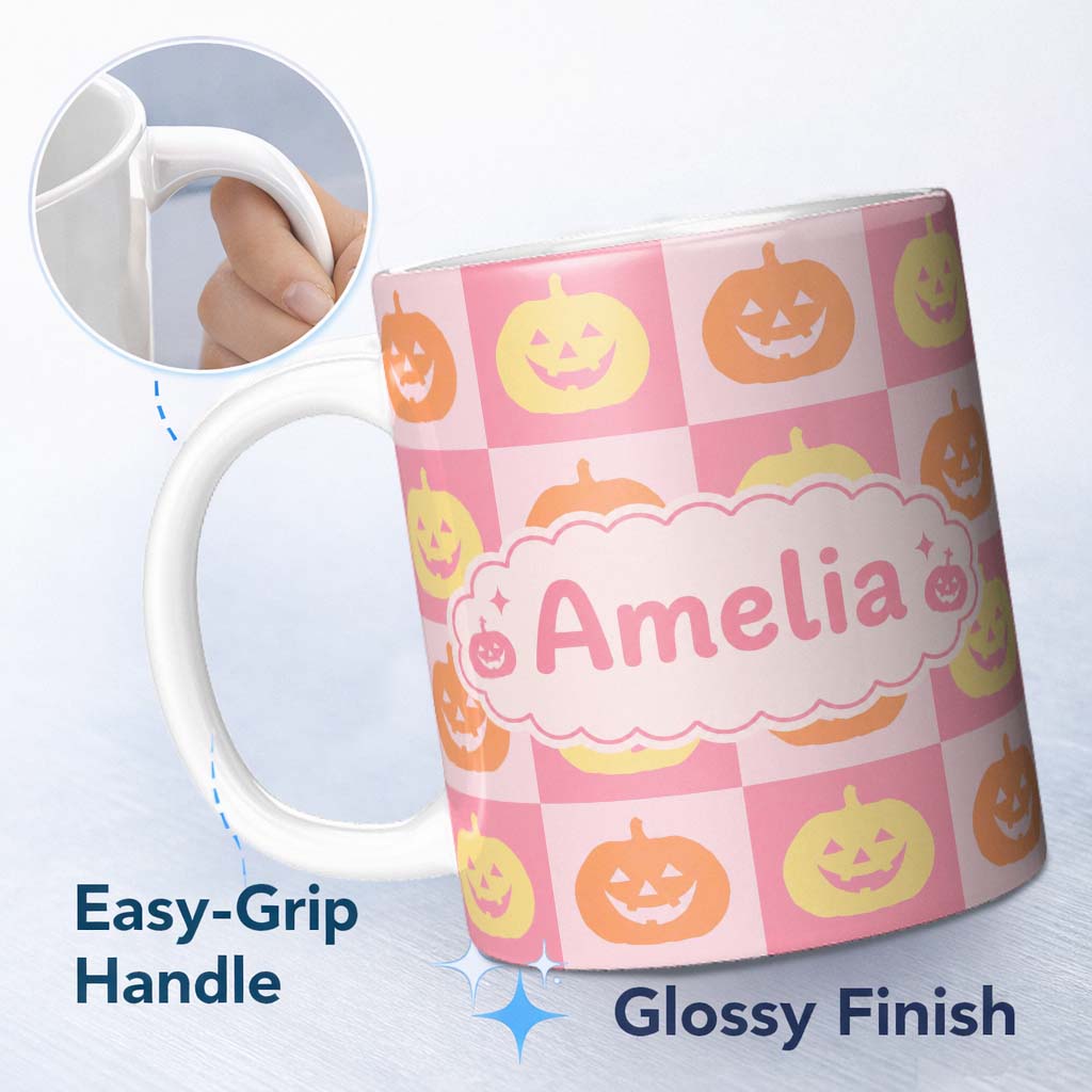 Personalized Custom Name Cute Pumpkin Faces on Soft Pink Background Halloween Seamless Lovely 11oz Ceramic Coffee Tea Mug White Large Handle
