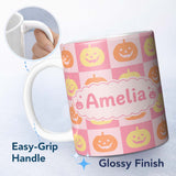 Personalized Custom Name Cute Pumpkin Faces on Soft Pink Background Halloween Seamless Lovely 11oz Ceramic Coffee Tea Mug White Large Handle