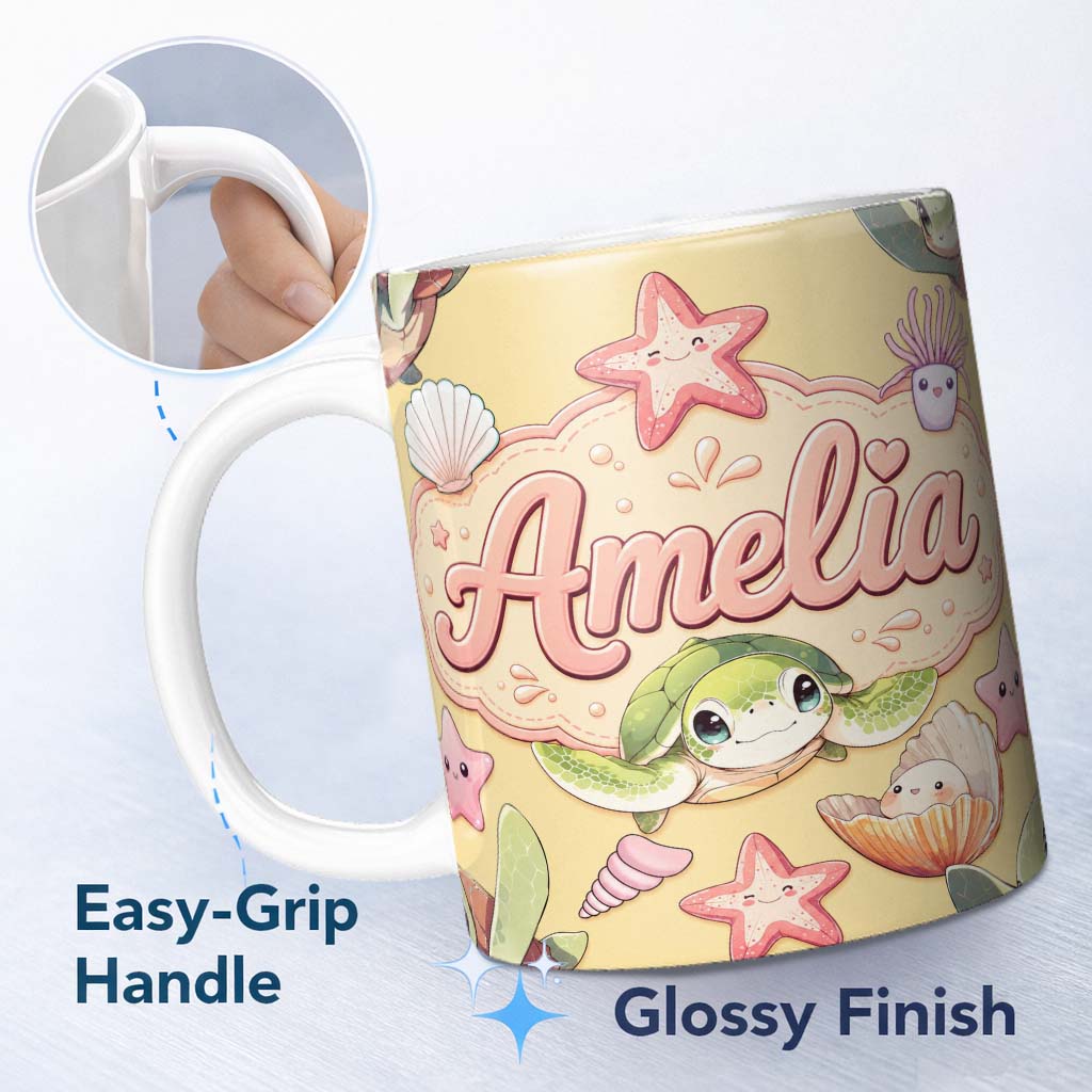 Personalized Custom Name Cute Kawaii Sea Turtle Starfish Shells Ocean Friends Yellow Lovely 11oz Ceramic Coffee Tea Mug White Large Handle