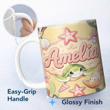 Personalized Custom Name Cute Kawaii Sea Turtle Starfish Shells Ocean Friends Yellow Lovely 11oz Ceramic Coffee Tea Mug White Large Handle