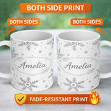 Personalized Custom Name Black Snowflake Sketch Pattern on White Seamless Cute Unique Gift 11oz Ceramic Coffee Tea Mug White Large Handle