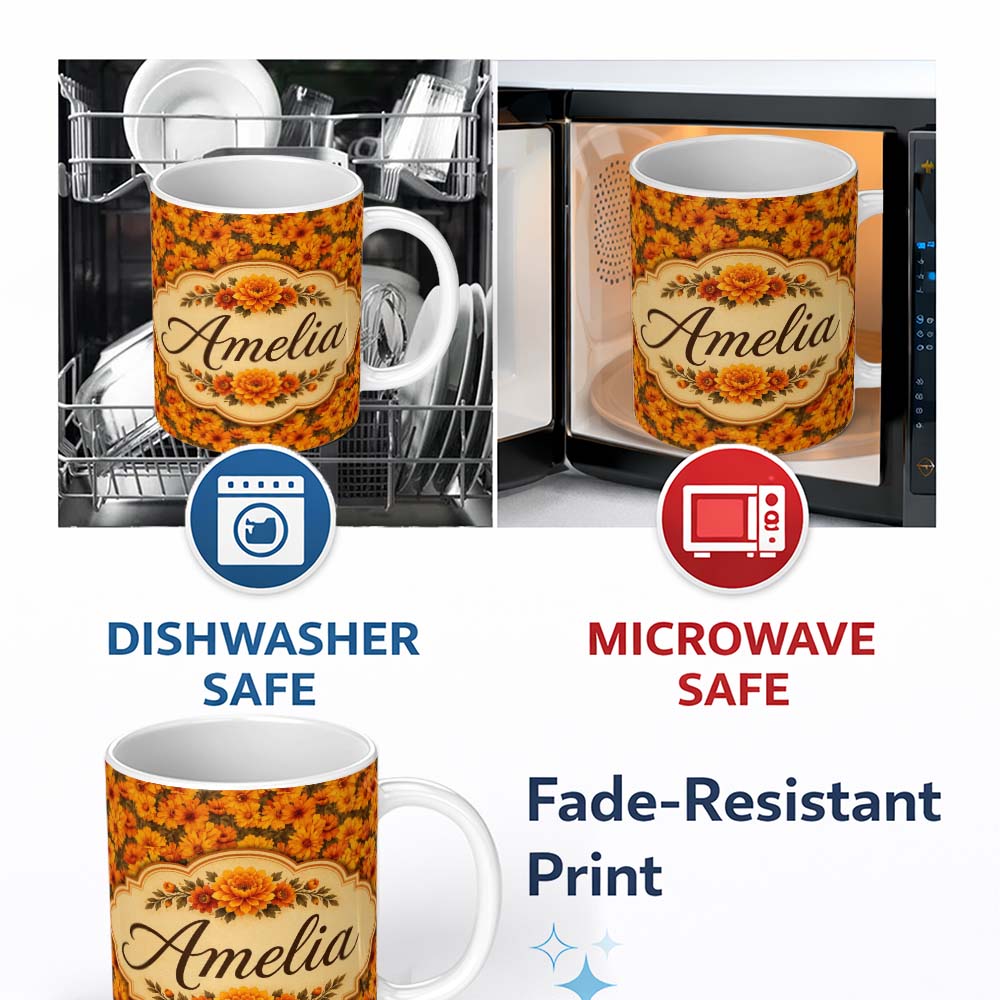 Personalized Custom Name Dense Orange Marigold Floral Seamless Pattern Warm Autumn Tones 11oz Ceramic Coffee Tea Mug White Large Handle