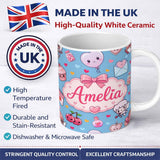 Personalized Custom Name Cute Cupid Angels Hearts Sweets Balloon Love Elements Pattern Blue 11oz Ceramic Coffee Tea Mug White Large Handle