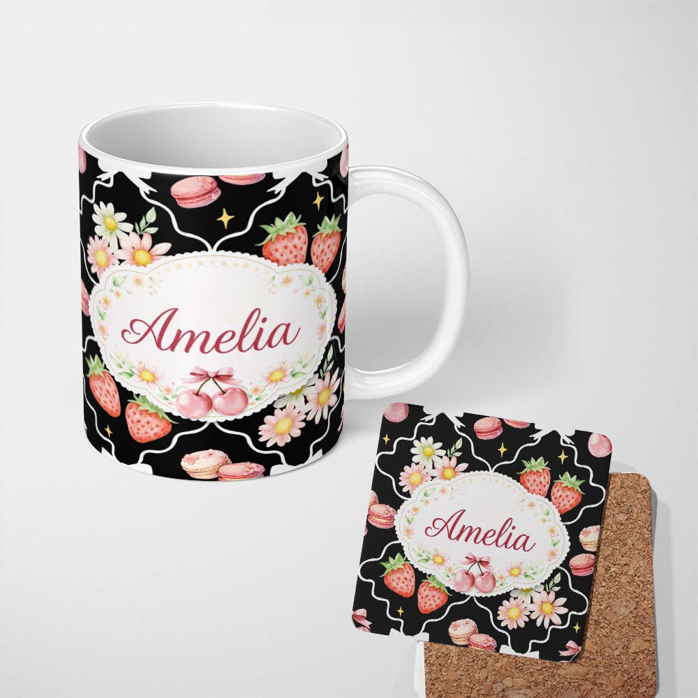Personalized Custom Name Strawberry Cherry Daisy White Minimal Cute Coquette Floral Design 11oz Ceramic Coffee Tea Mug White Large Handle