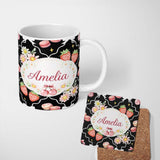 Personalized Custom Name Strawberry Cherry Daisy White Minimal Cute Coquette Floral Design 11oz Ceramic Coffee Tea Mug White Large Handle