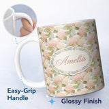Personalized Custom Name Soft Pink and Cream Hydrangea Botanical Seamless Pattern Lovely 11oz Ceramic Coffee Tea Mug White Large Handle