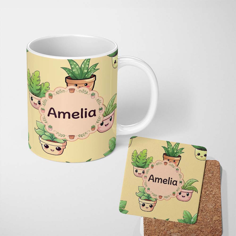 Personalized Custom Name Cute Kawaii Smiling Plant Pots Leaves Seamless Pattern Yellow Lovely 11oz Ceramic Coffee Tea Mug White Large Handle