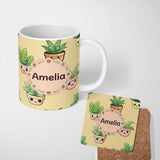 Personalized Custom Name Cute Kawaii Smiling Plant Pots Leaves Seamless Pattern Yellow Lovely 11oz Ceramic Coffee Tea Mug White Large Handle