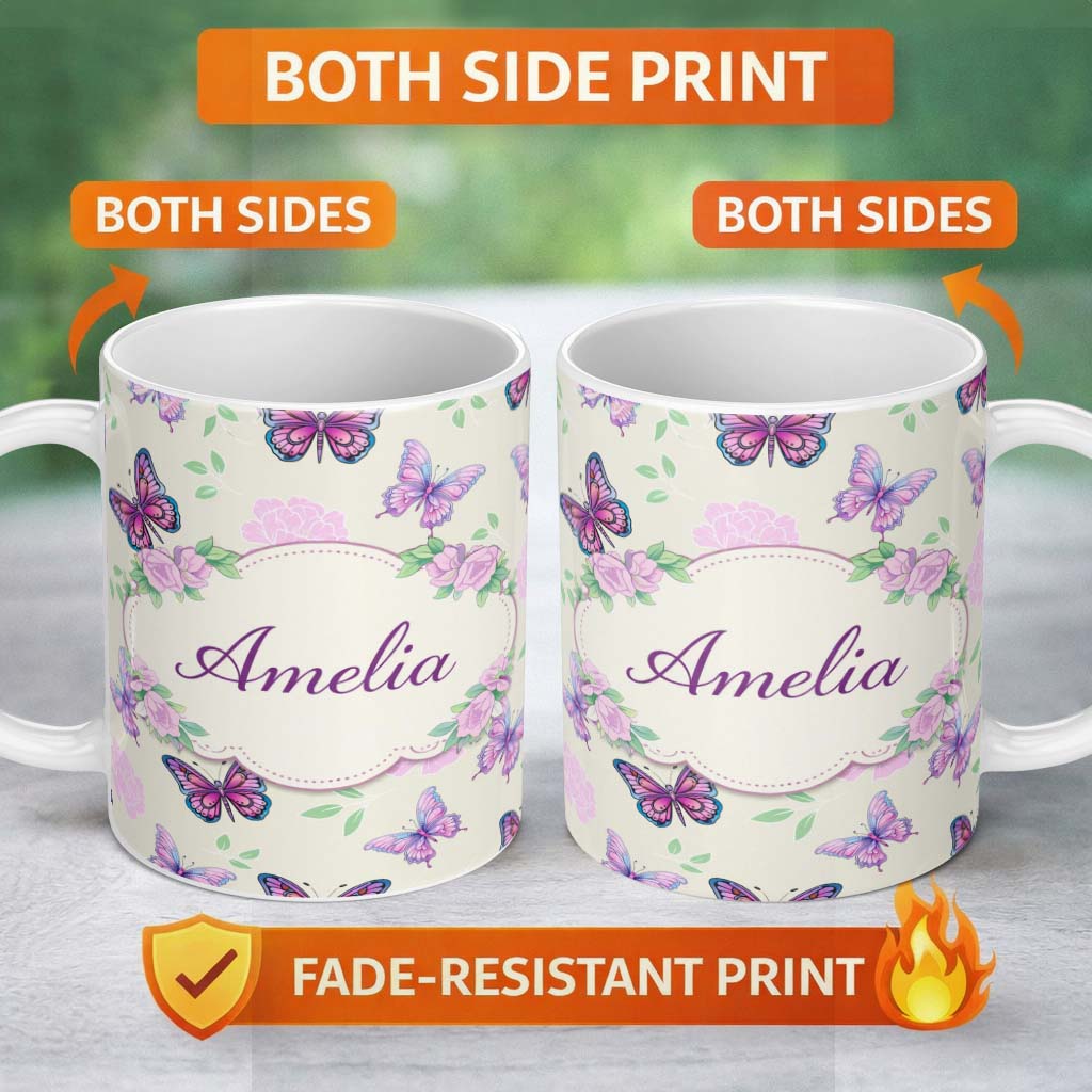 Personalized Custom Name Pink Purple Butterfly Floral Beige Background Seamless Pattern 11oz Ceramic Coffee Tea Mug White Large Handle
