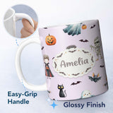 Personalized Custom Name Halloween Zombie Mummy Vampire and Bat Characters Purple Background 11oz Ceramic Coffee Tea Mug White Large Handle