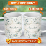 Personalized Custom Name Blue Floral Moon Seamless Pattern Beautiful Coffee Cup Lovely 11oz Ceramic Coffee Tea Mug White Large Handle