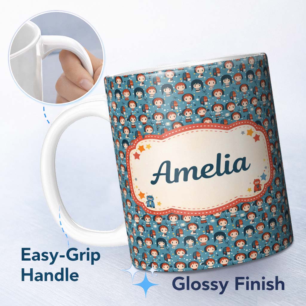 Personalized Custom Name Cartoon Kids Blue Background Pattern Cute Character Design Lovely 11oz Ceramic Coffee Tea Mug White Large Handle