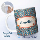 Personalized Custom Name Cartoon Kids Blue Background Pattern Cute Character Design Lovely 11oz Ceramic Coffee Tea Mug White Large Handle