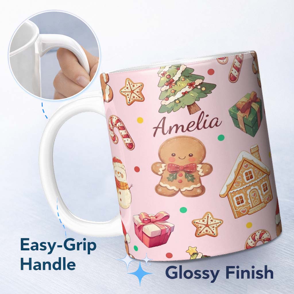 Personalized Custom Name Cute Gingerbread Man Christmas Tree Candy Holiday Pattern Pink 11oz Ceramic Coffee Tea Mug White Large Handle