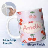 Personalized Custom Name Cherry Fruit Muted Sage Background Minimal Seamless Pattern Lovely 11oz Ceramic Coffee Tea Mug White Large Handle