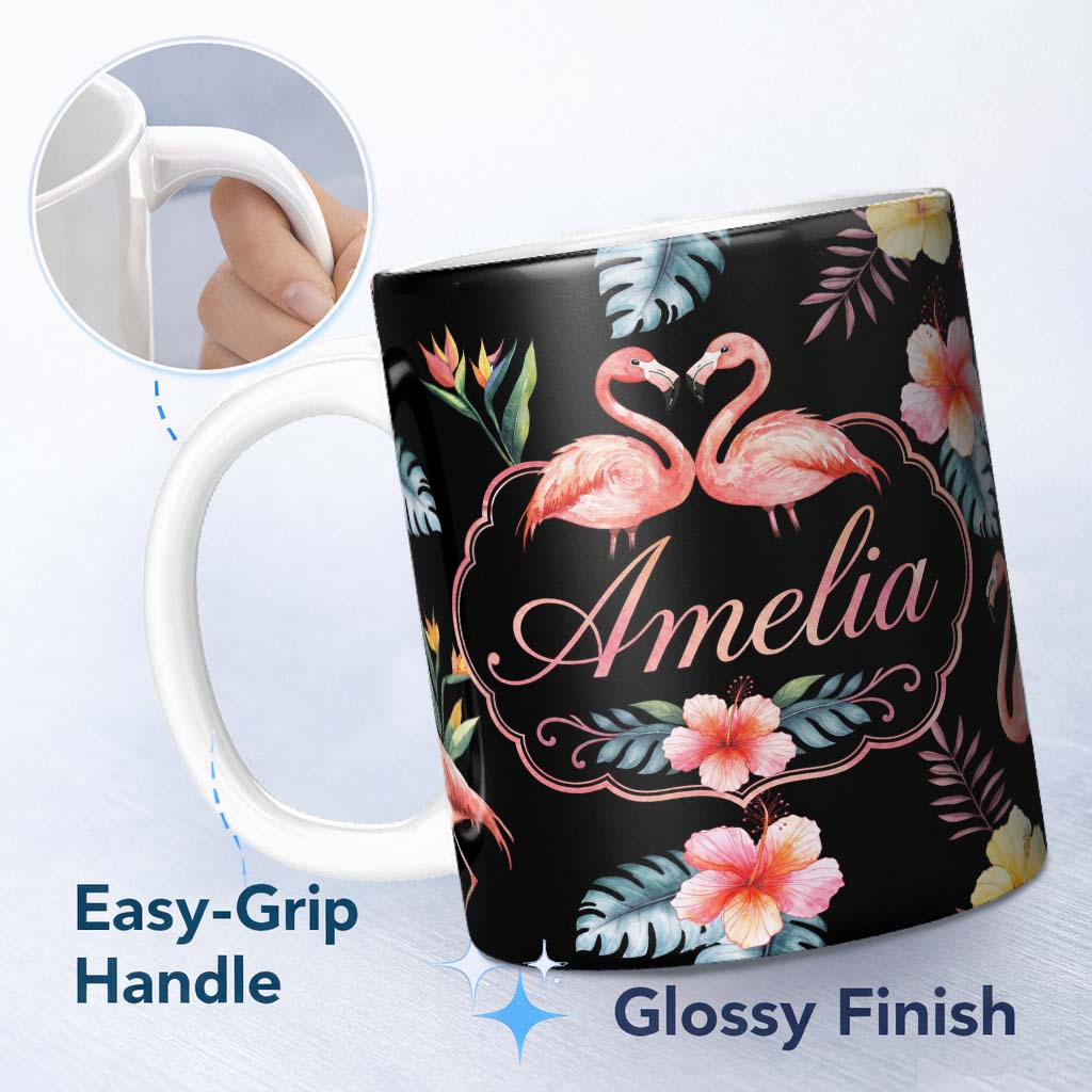 Personalized Custom Name Elegant Pink Flamingos Tropical Flowers on Black Background Seamless 11oz Ceramic Coffee Tea Mug White Large Handle