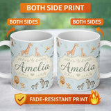 Personalized Custom Name Cute Safari Animals Giraffe Lion Zebra Parrot Seamless Pattern Blue 11oz Ceramic Coffee Tea Mug White Large Handle
