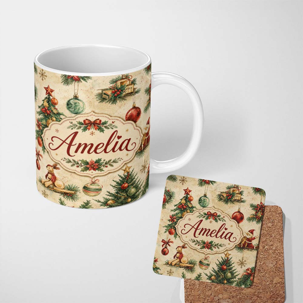 Personalized Custom Name Vintage Christmas Tree Wreath Baubles Rustic Holiday Seamless Lovely 11oz Ceramic Coffee Tea Mug White Large Handle