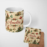Personalized Custom Name Vintage Christmas Tree Wreath Baubles Rustic Holiday Seamless Lovely 11oz Ceramic Coffee Tea Mug White Large Handle