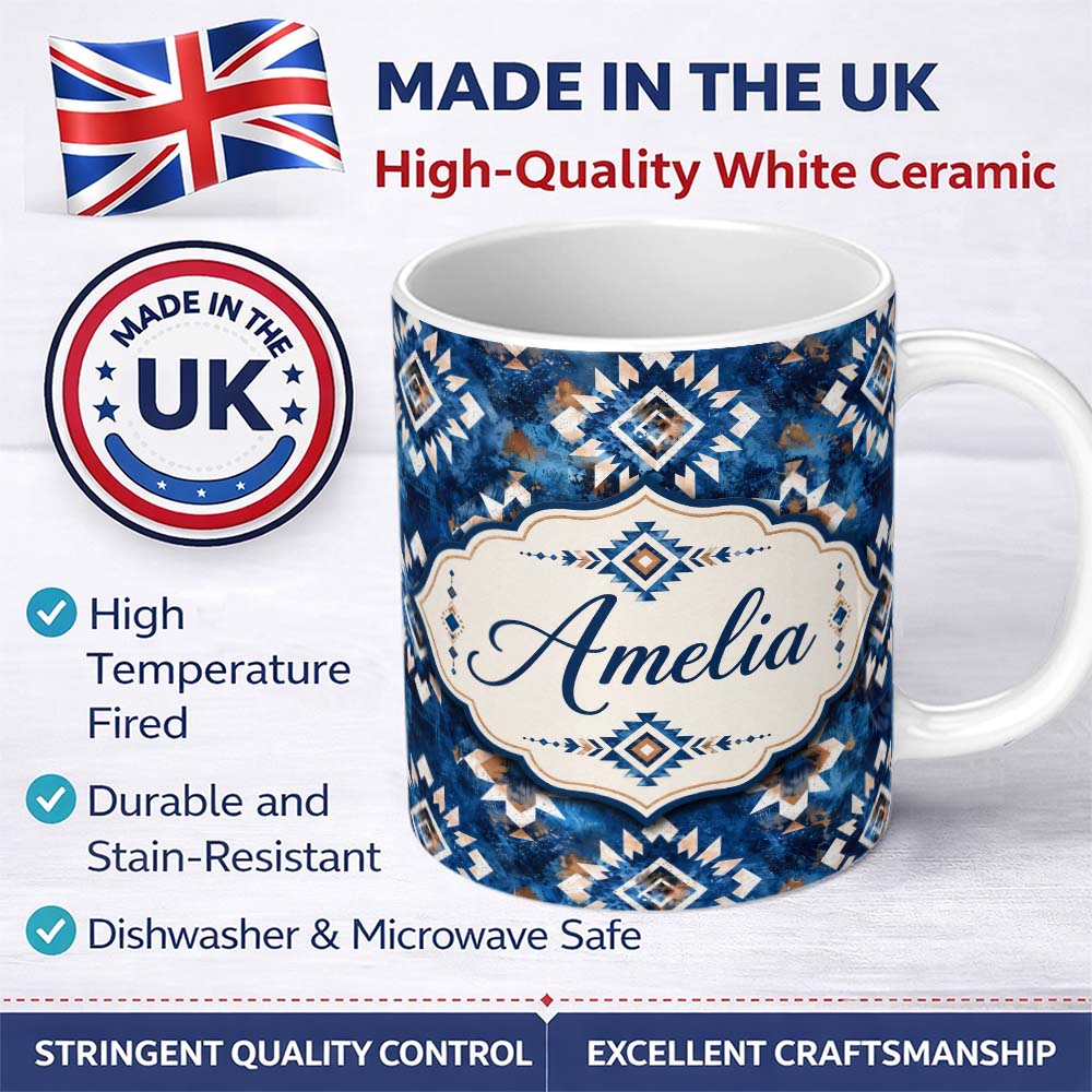 Personalized Custom Name Deep Blue Artistic Tribal Aztec Seamless Pattern Cute Unique Gift 11oz Ceramic Coffee Tea Mug White Large Handle