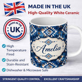 Personalized Custom Name Deep Blue Artistic Tribal Aztec Seamless Pattern Cute Unique Gift 11oz Ceramic Coffee Tea Mug White Large Handle