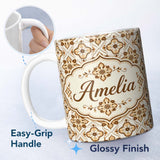 Personalized Custom Name Ornamental Blue Floral Lattice Vintage Seamless Pattern Lovely 11oz Ceramic Coffee Tea Mug White Large Handle