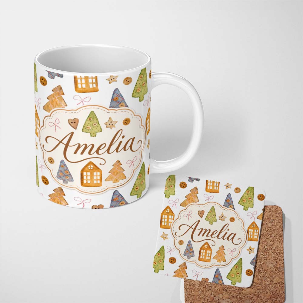 Personalized Custom Name Rustic Wooden Christmas Tree House Button Craft Seamless Pattern 11oz Ceramic Coffee Tea Mug White Large Handle