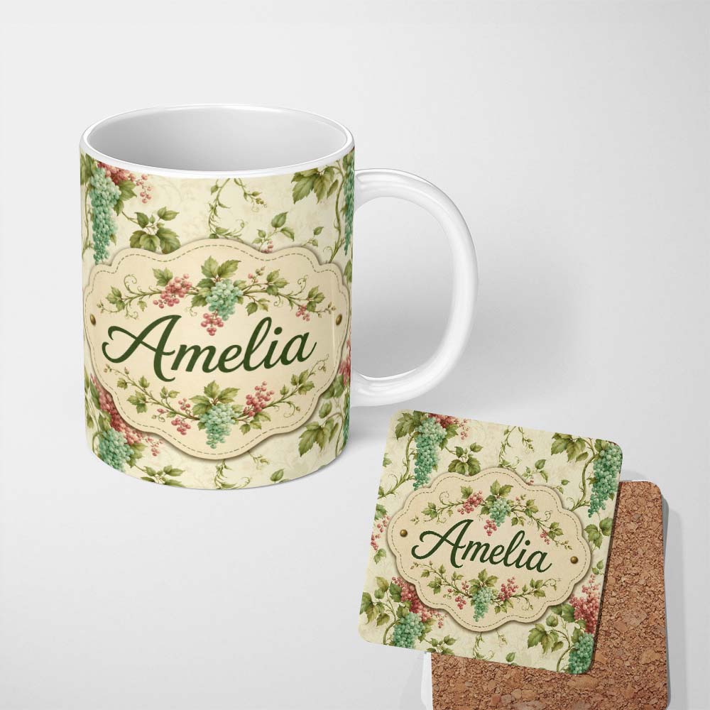 Personalized Custom Name Pastel Pink and Mint Grape Clusters Botanical Seamless Pattern 11oz Ceramic Coffee Tea Mug White Large Handle