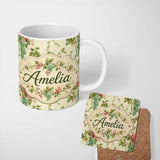 Personalized Custom Name Pastel Pink and Mint Grape Clusters Botanical Seamless Pattern 11oz Ceramic Coffee Tea Mug White Large Handle