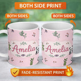 Personalized Custom Name Cute Panda Bear with Bamboo Leaves Floral Pattern Blush Pink Lovely 11oz Ceramic Coffee Tea Mug White Large Handle