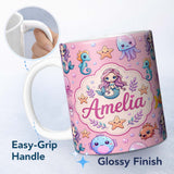 Personalized Custom Name Cute Cartoon Mermaid with Sea Creatures on Pink Background Playful 11oz Ceramic Coffee Tea Mug White Large Handle