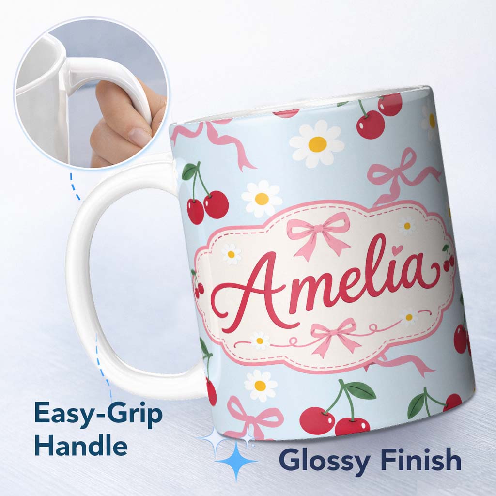 Personalized Custom Name Cute Cherry and Daisy Flowers with Pink Ribbon Bows Soft Blue Lovely 11oz Ceramic Coffee Tea Mug White Large Handle