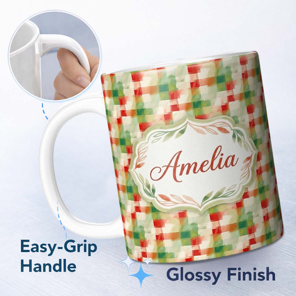 Personalized Custom Name Watercolour Green Check Plaid Brushstroke Seamless Pattern Lovely 11oz Ceramic Coffee Tea Mug White Large Handle