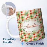 Personalized Custom Name Watercolour Green Check Plaid Brushstroke Seamless Pattern Lovely 11oz Ceramic Coffee Tea Mug White Large Handle