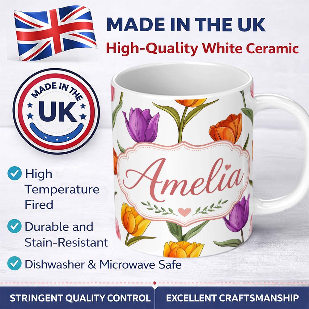 Personalized Custom Name Colorful Tulip Flowers White Background Spring Floral Seamless 11oz Ceramic Coffee Tea Mug White Large Handle